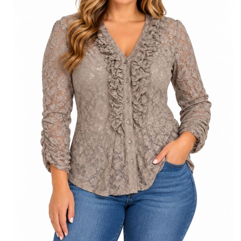 Style & Co Women’s Taupe Floral Lace Ruffle Button Front Blouse | Size Medium